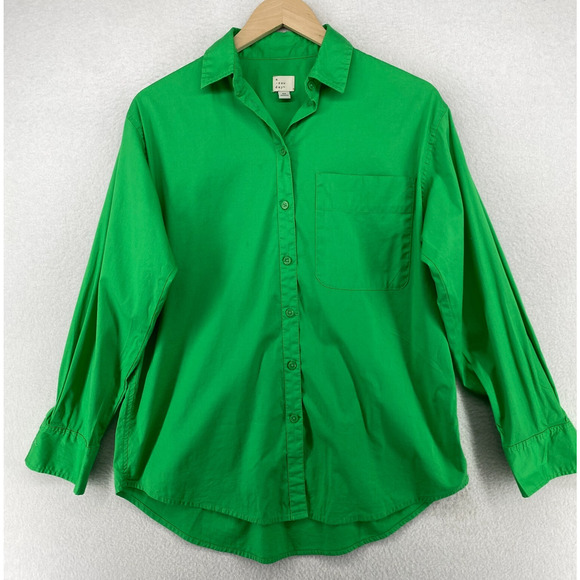 A NEW DAY Top XS Boyfriend Shirt Button Up Long Sleeve Stretch Cotton Green - Picture 1 of 12